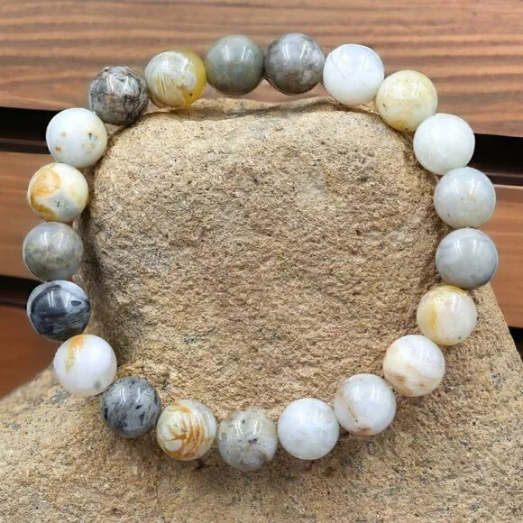 Bamboo Leaf Agate Gemstone Stretch Bracelet | Handmade - Picture 2 of 4